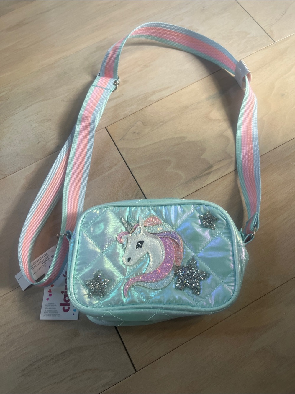 Claire's Mint Iridescent Unicorn Crossbody Bag with Pink-Striped Strap
